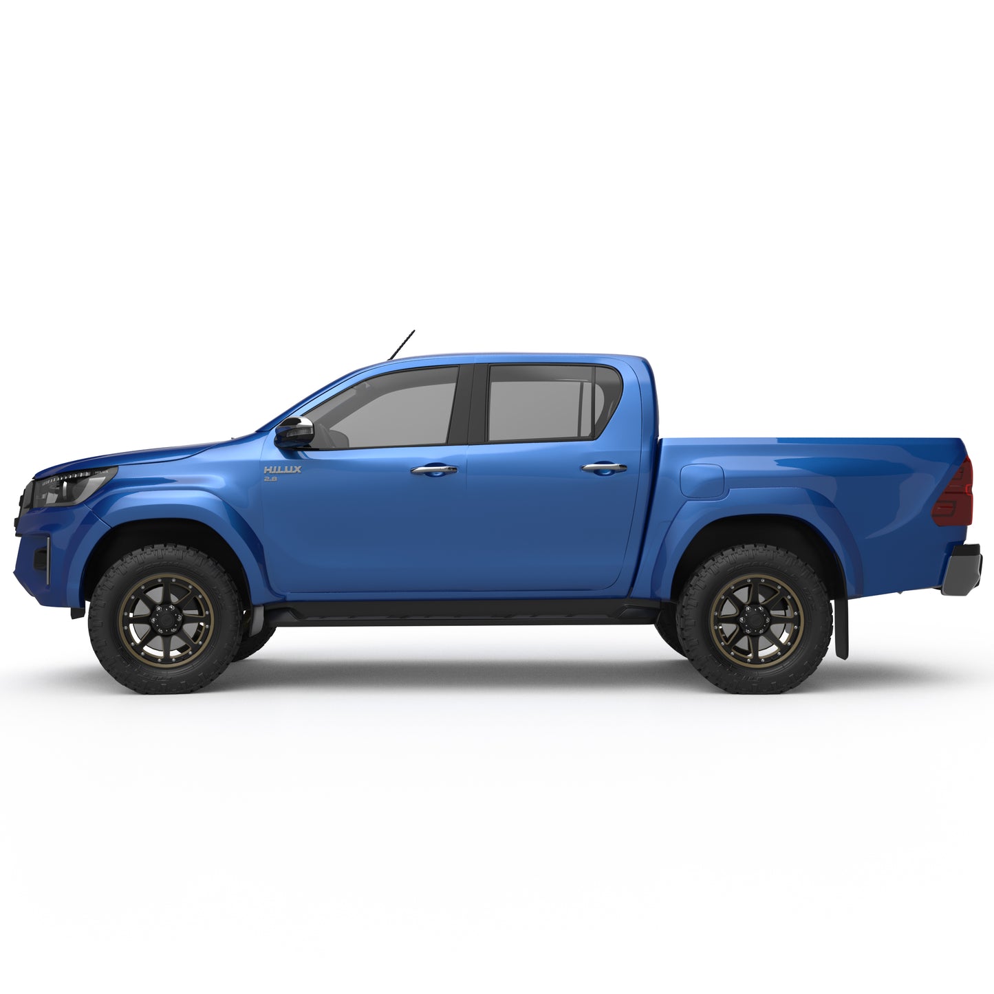Side profile of blue Toyota Hilux 2018–2020 showing full EGR fender flare set installed for enhanced coverage and style
