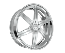 Silver alloy wheel with five spokes design.