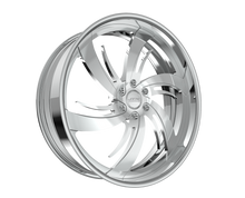 Chrome alloy wheel with intricate spoke design.