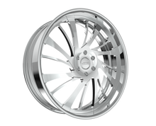 Chrome car wheel rim on black background.