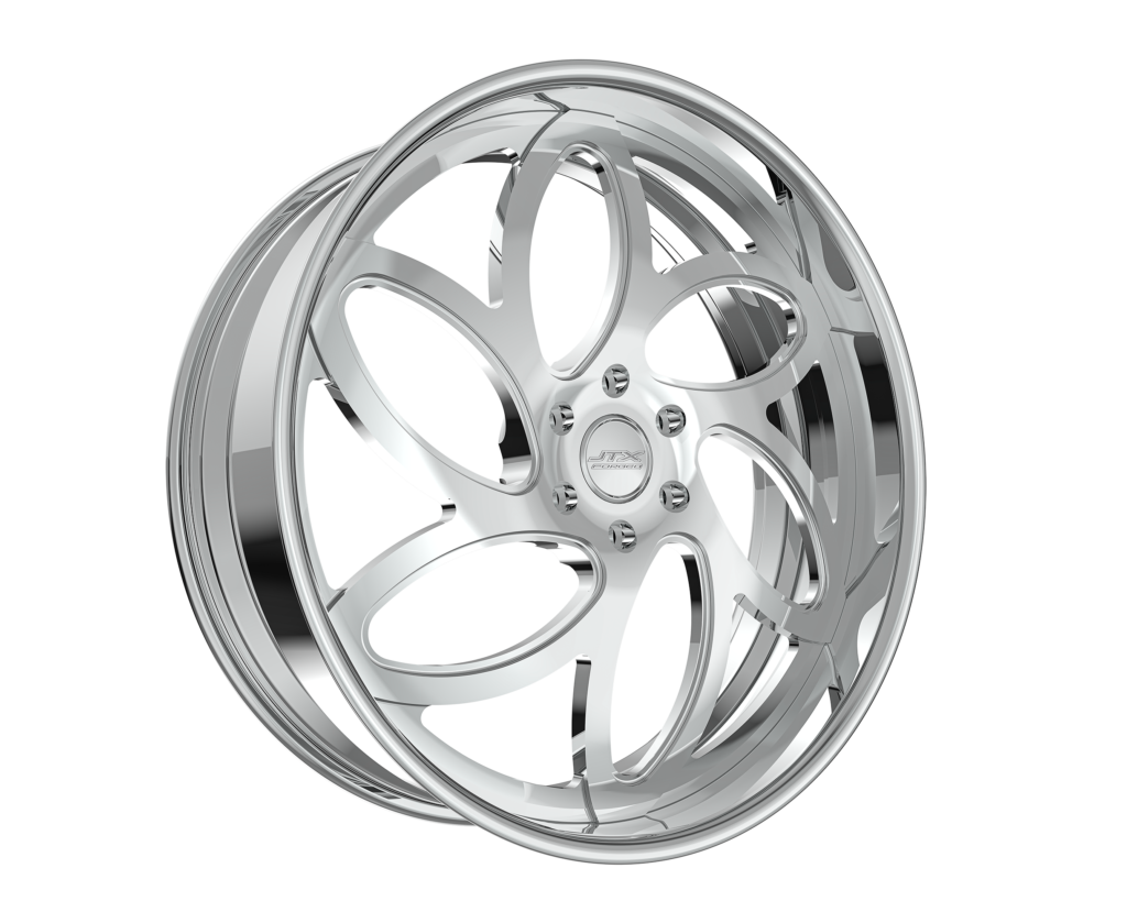 Chrome alloy wheel with five split spokes.
