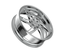 Shiny chrome car wheel rim on black.