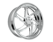 Chrome alloy wheel with intricate spoke design.