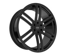 Black alloy car wheel with sleek design.