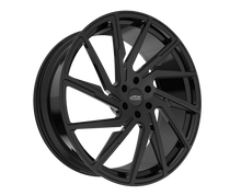 Black car wheel with sleek design.