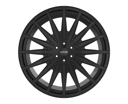 Black multi-spoke wheel on black background.