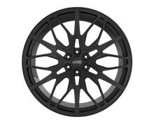 Black multi-spoke alloy wheel on black background.