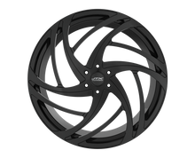 Black alloy wheel with intricate spiral design.