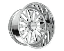 Chrome car wheel with intricate spoke design.