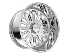 Chrome car wheel with intricate spoke design.