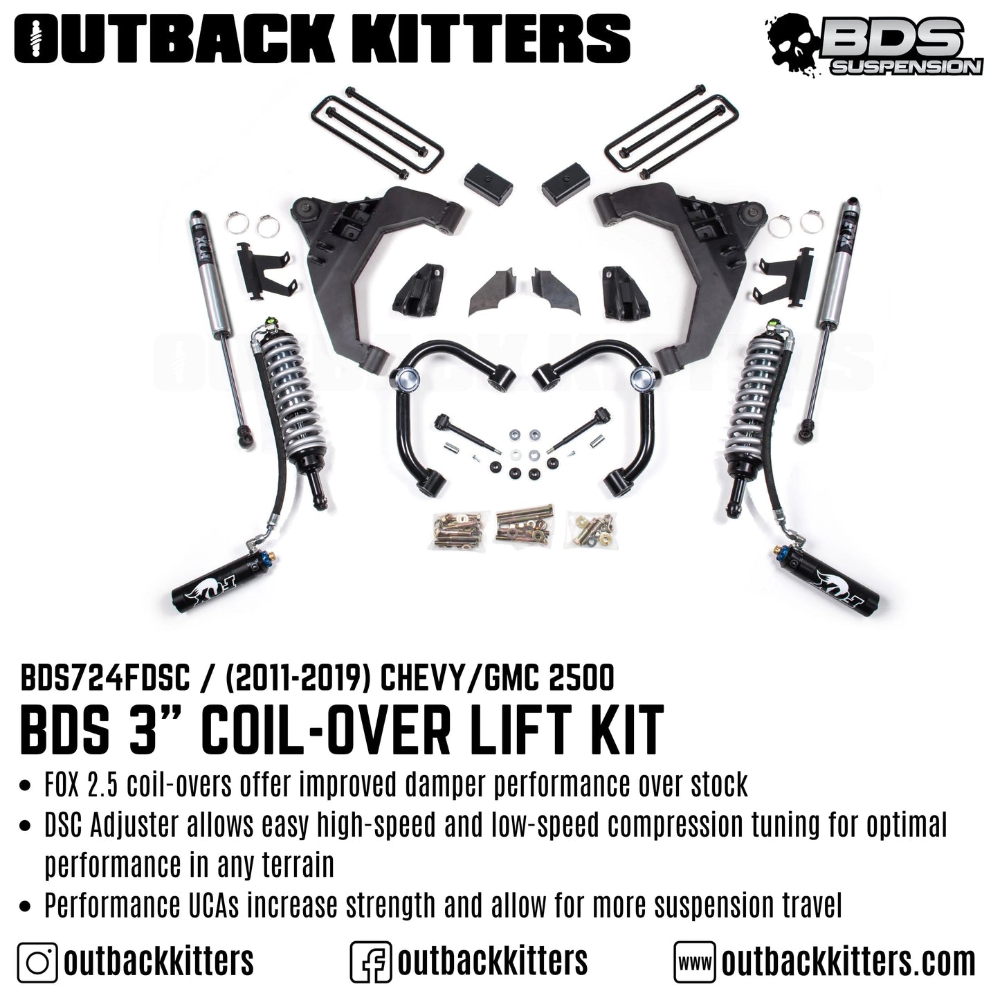 BDS Suspension 3' Coilover Lift Kit for 2011-2019 Chevy Silverado 2500