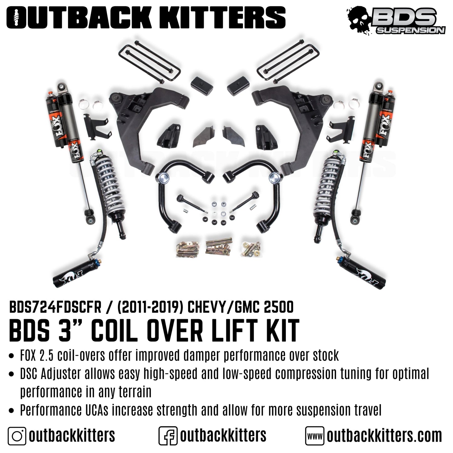BDS Suspension 3' Coilover Lift Kit for 2011-2019 Chevy Silverado 2500