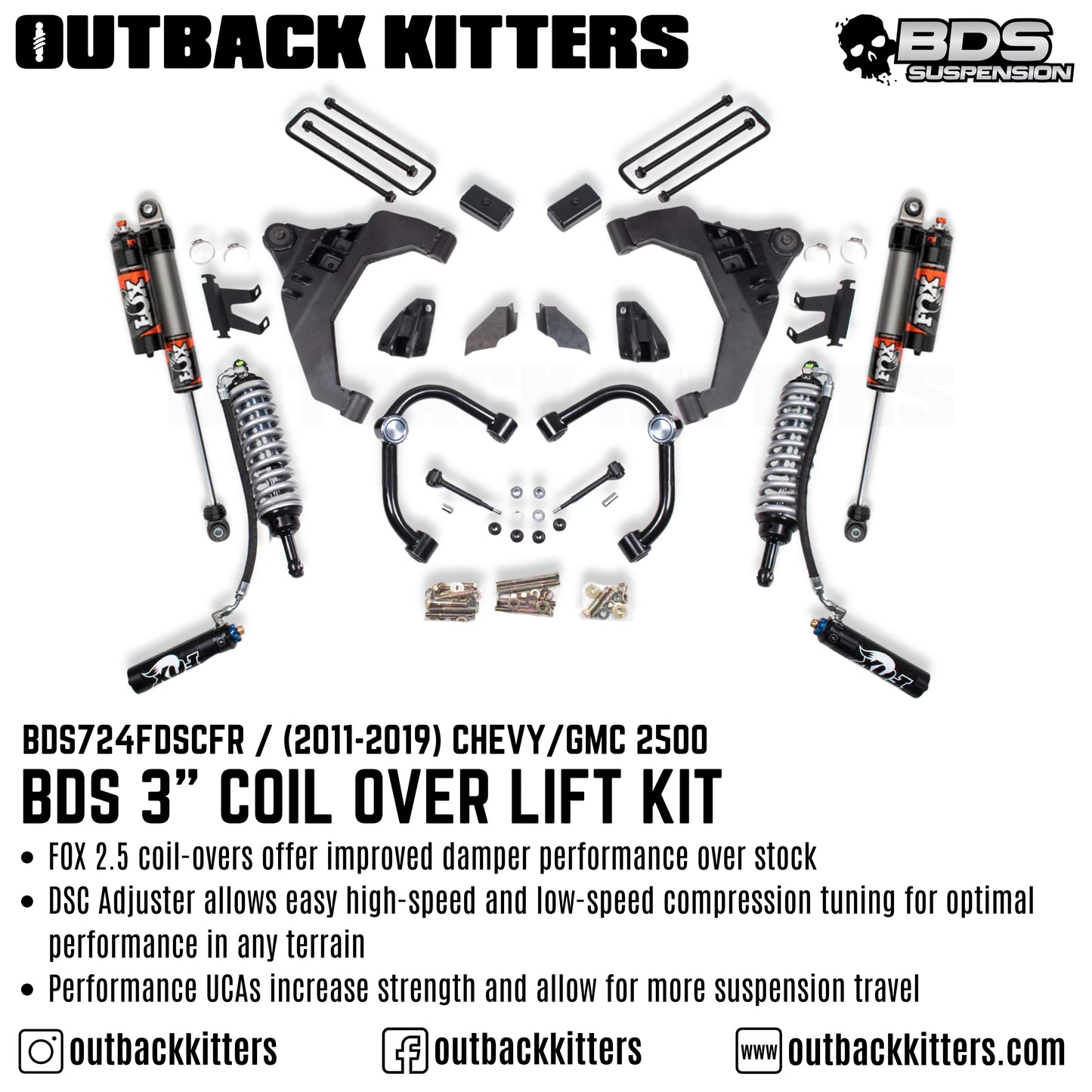 BDS Suspension 3' Coilover Lift Kit for 2011-2019 Chevy Silverado 2500
