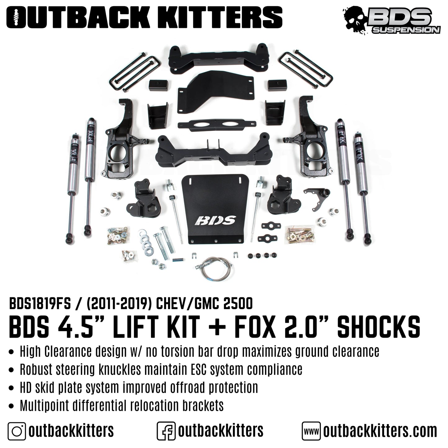 BDS Suspension 4.5' Lift Kit for 2011-2019 Chevy Silverado 2500 with Fox Shocks