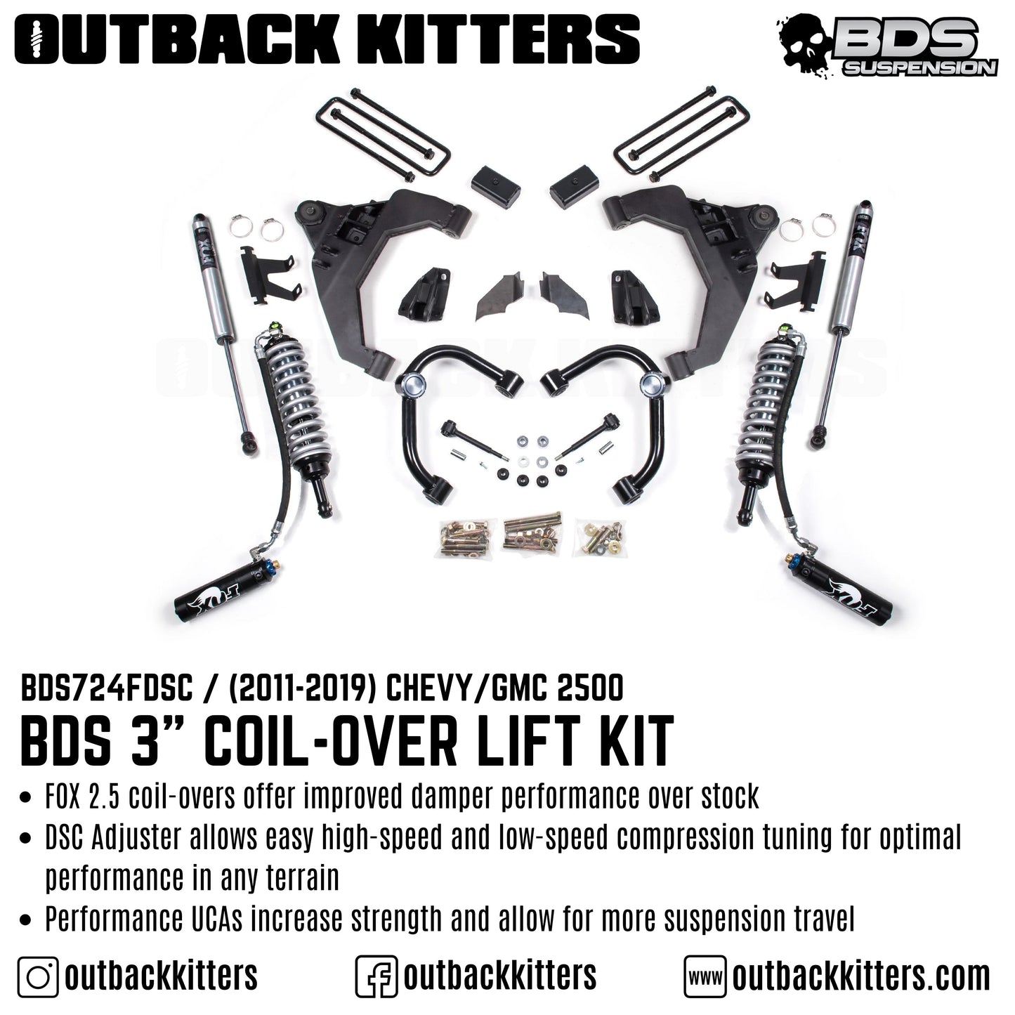 BDS Suspension 3' Coilover Lift Kit for 2011-2019 Chevy Silverado 2500