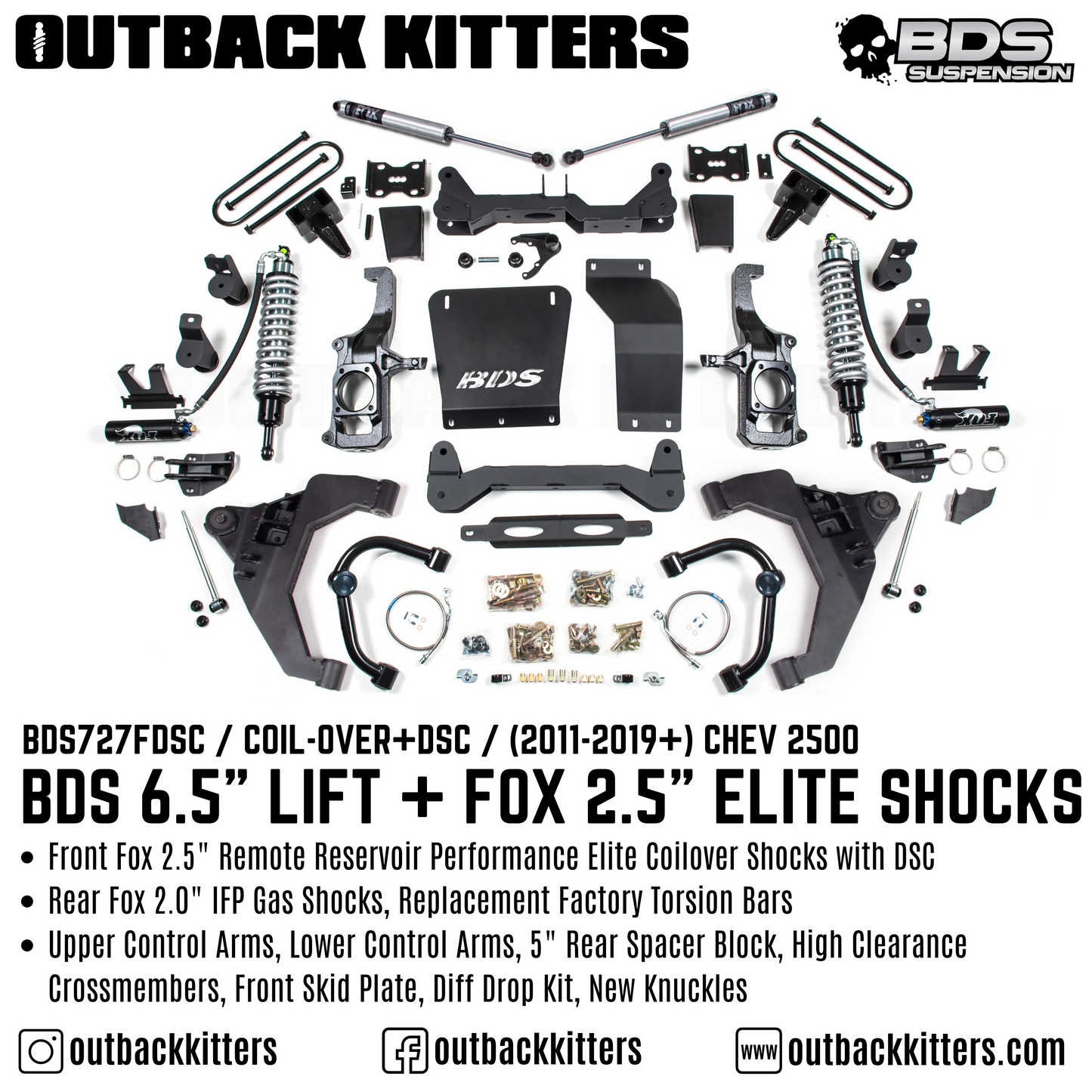 BDS Suspension 6.5' Lift Kit for 2011-2019 Chevy Silverado 2500 with Fox Shocks