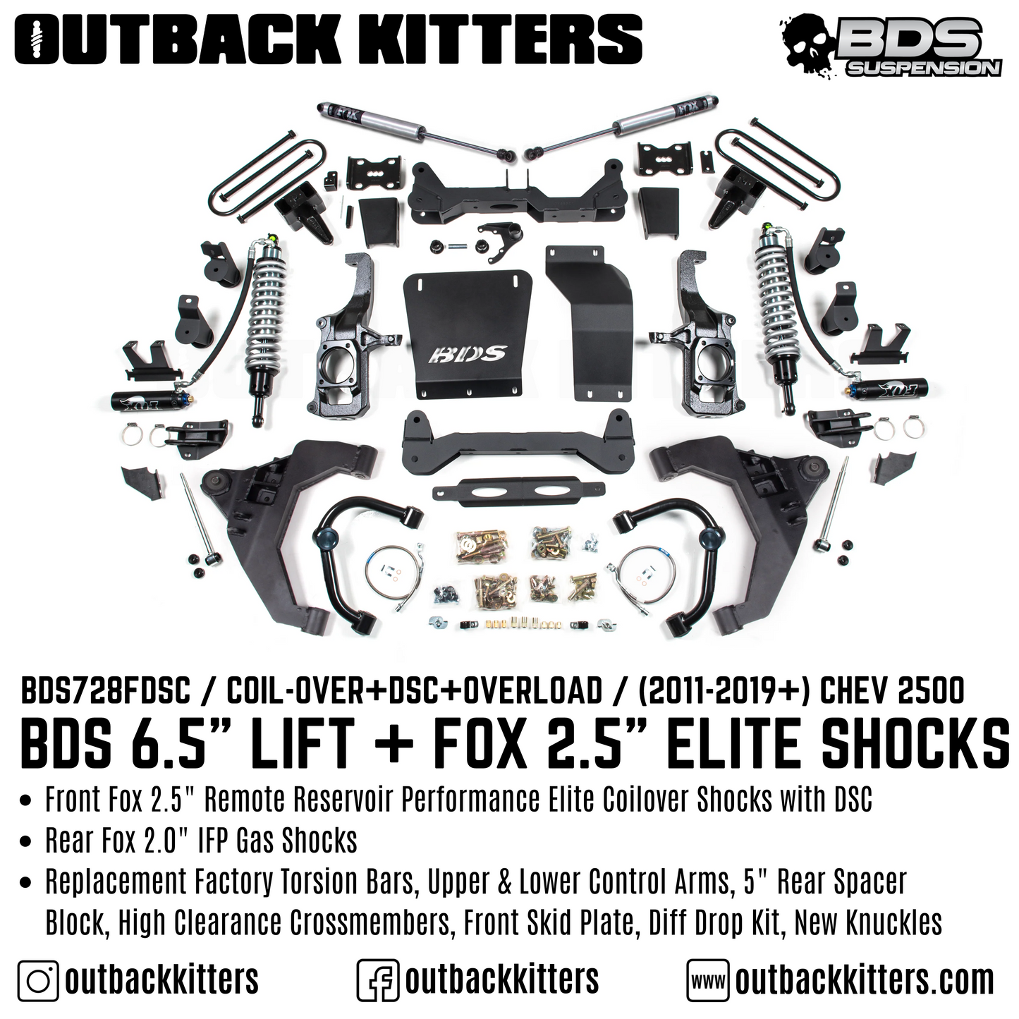 BDS Suspension 6.5' Lift Kit for 2011-2019 Chevy Silverado 2500 with Fox Shocks