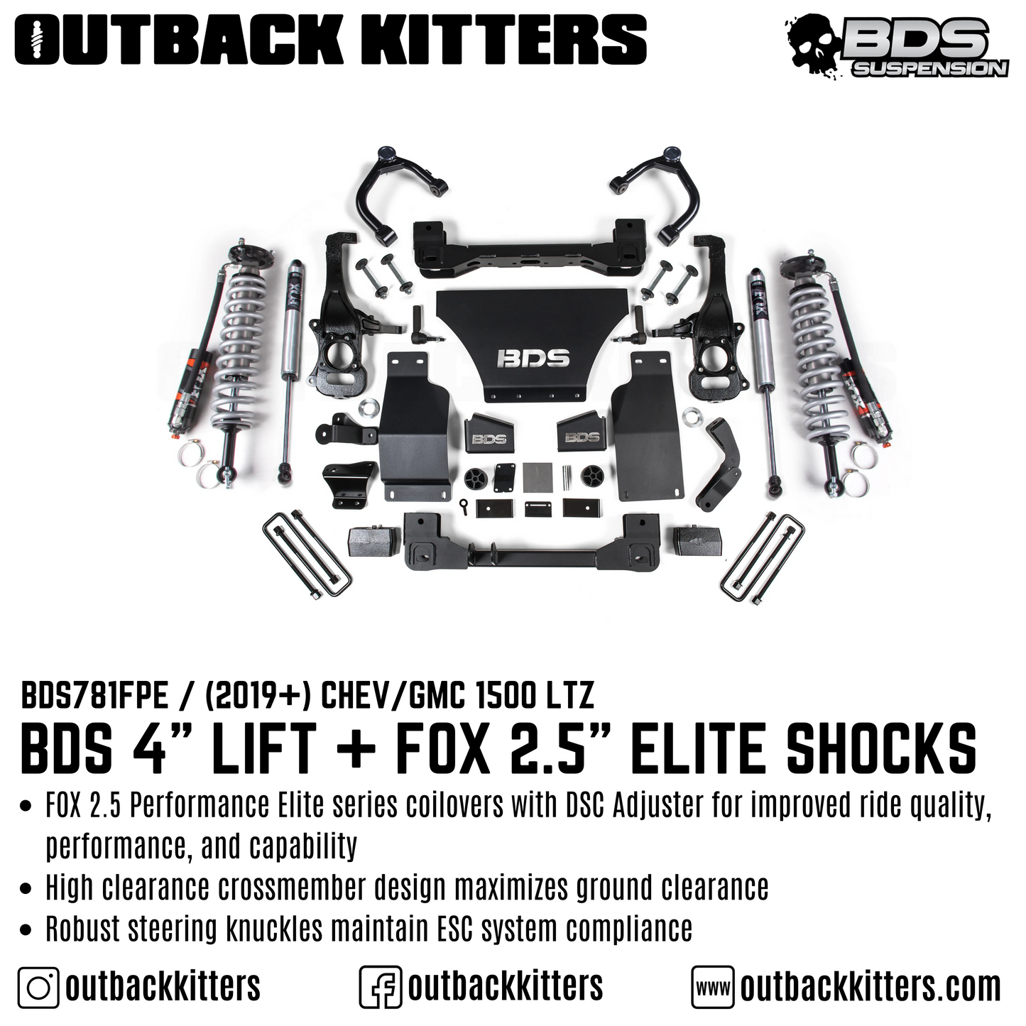 BDS Suspension 4' Lift Kit for 2019+ Chevy Silverado 1500 with Fox Shocks