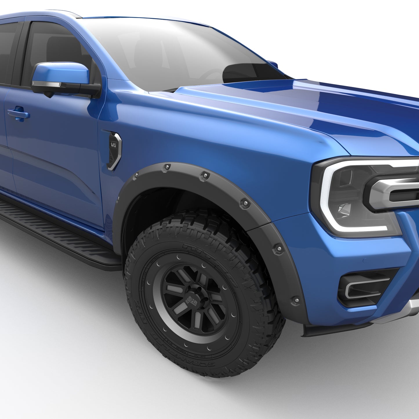 Side angle of Ford Ranger RA showing EGR Fender Flares over wheel arches
