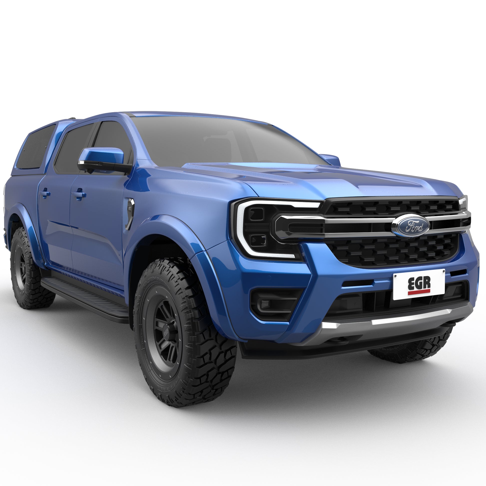 Angled front view of Ford Ranger RA showcasing EGR Fender Flares