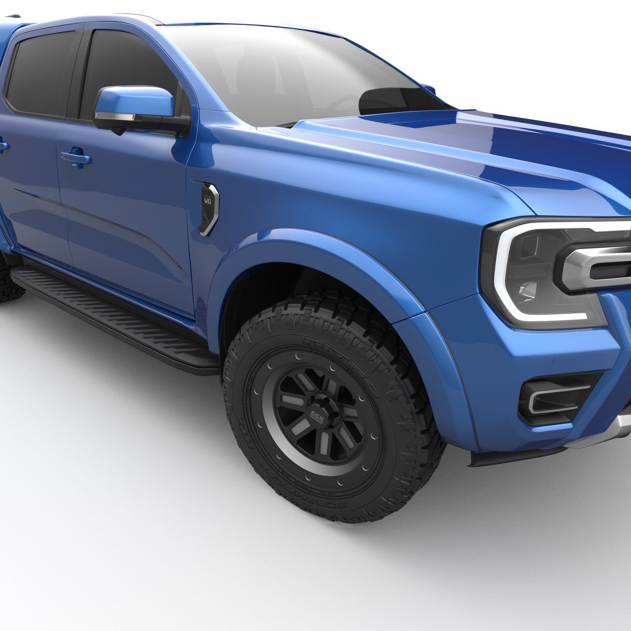 Front quarter view of Ford Ranger MY22 Wildtrak fitted with EGR Fender Flares