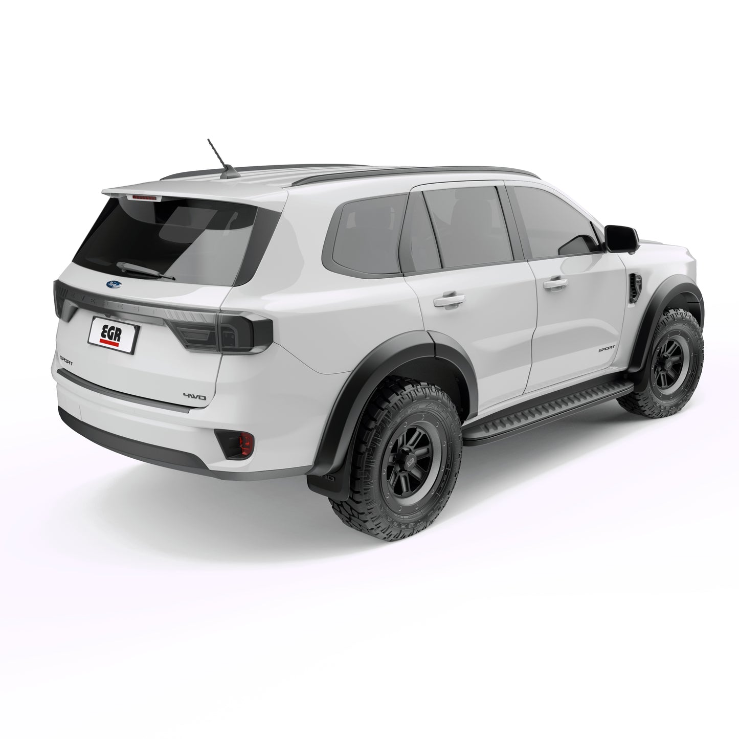 Rear three-quarter view of white Ford Everest with EGR fender flares fitted