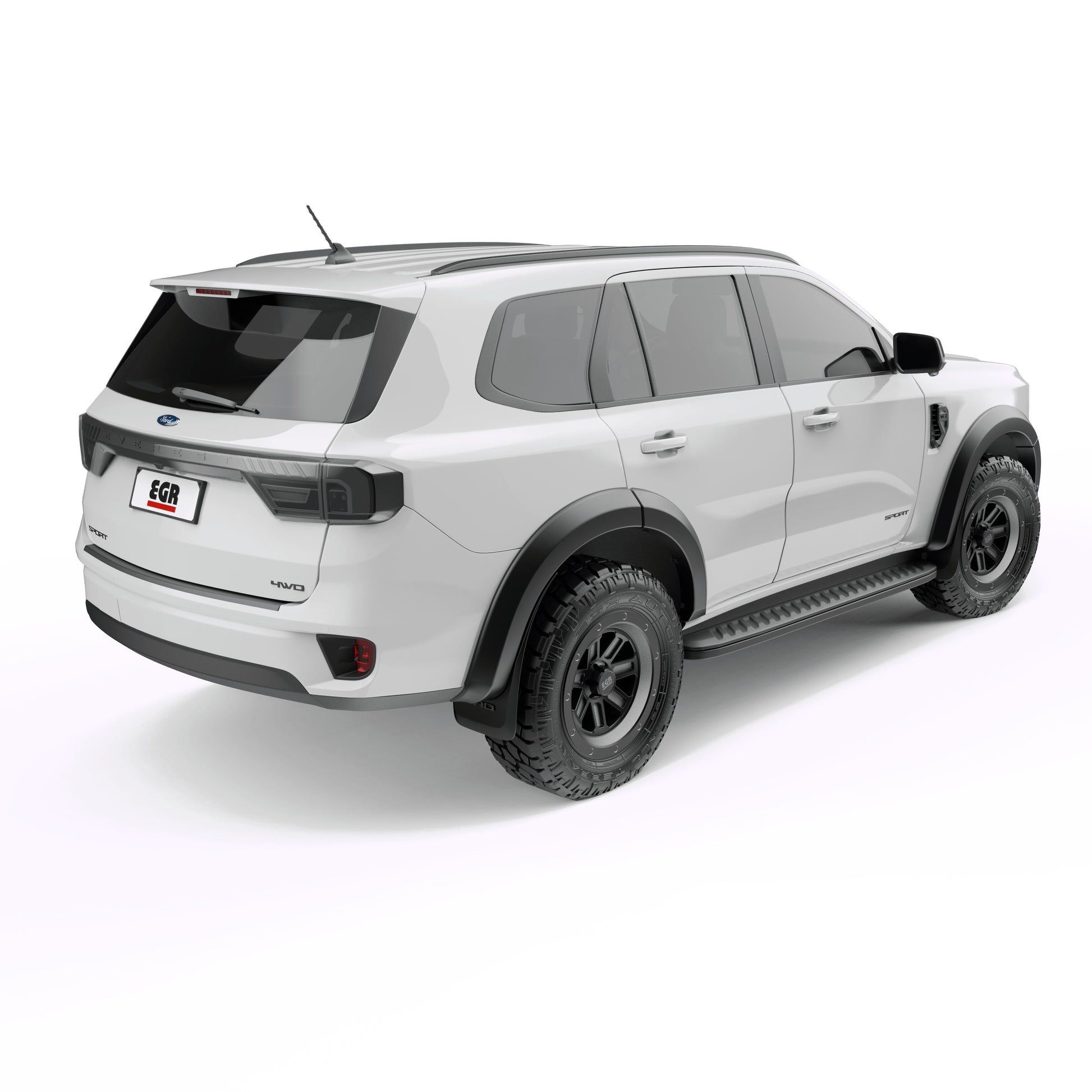 Rear three-quarter view of white Ford Everest with EGR fender flares fitted