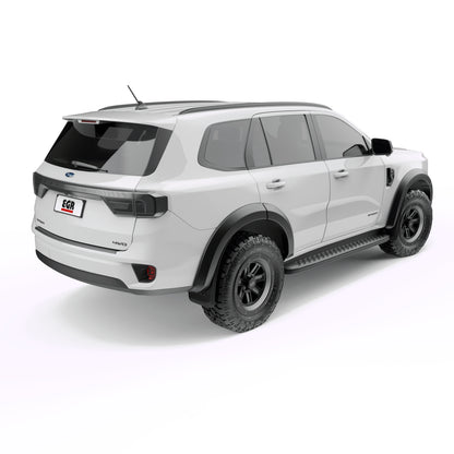 Rear three-quarter view of white Ford Everest with EGR fender flares fitted