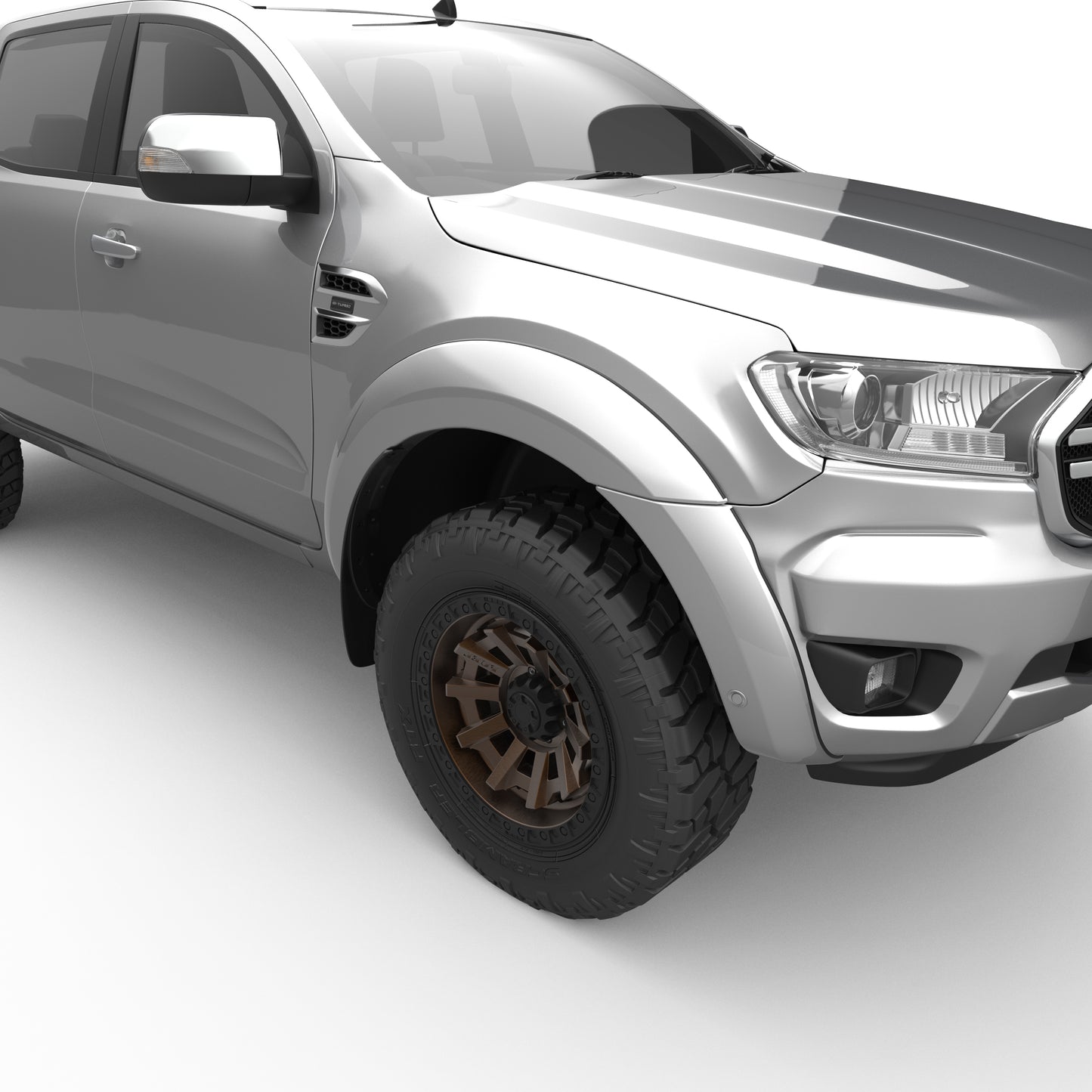 Ford Ranger PX fitted with EGR Fender Flares – angled front-side view showing widened guard coverage