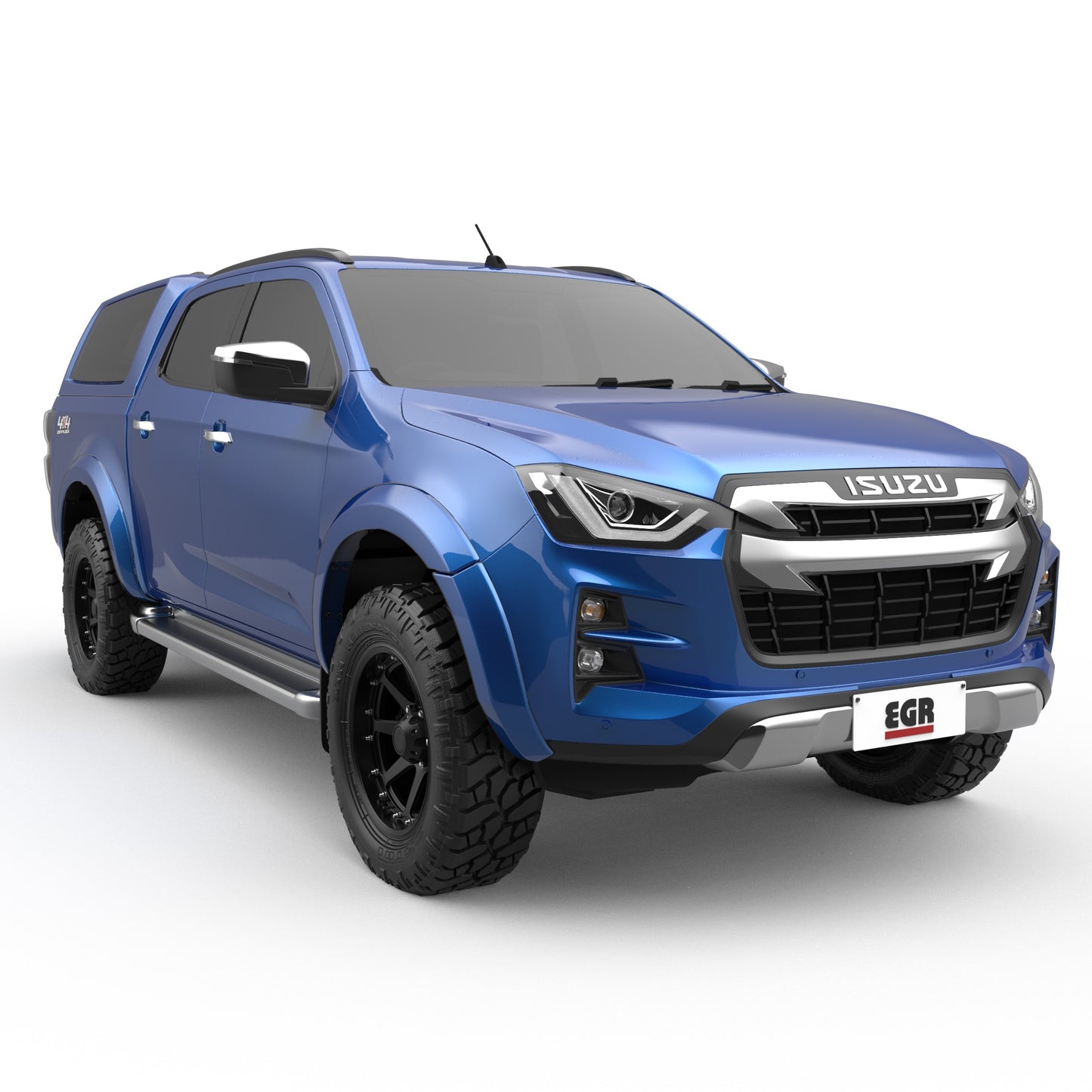 Side profile of blue Ford Ranger dual cab, emphasizing body lines and ground clearance