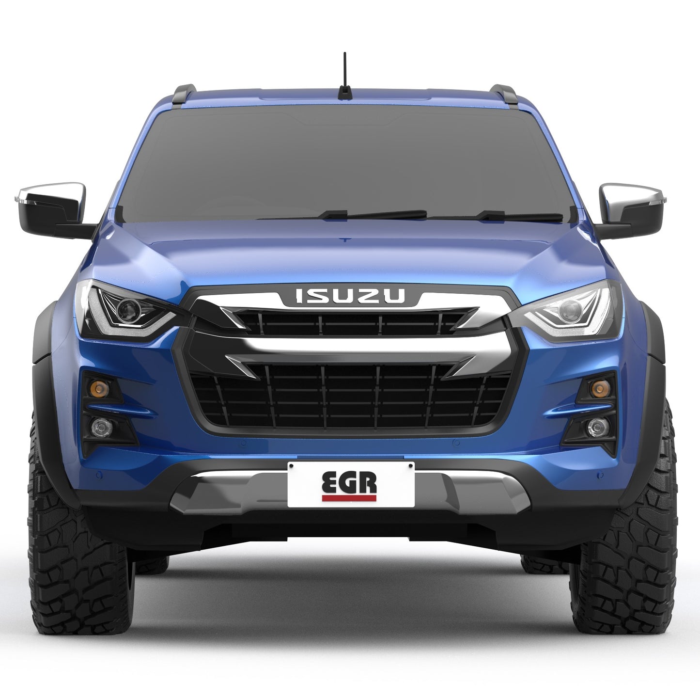 Front view of blue Ford Ranger, showcasing bold grille, headlights and off-road-ready front bumper