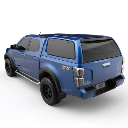 Rear three-quarter view of blue Ford Ranger dual cab, showing tub area and rear bumper design