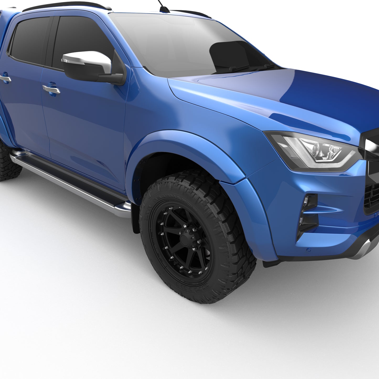 Ford Ranger in blue, front three-quarter view highlighting rugged exterior design and off-road stance