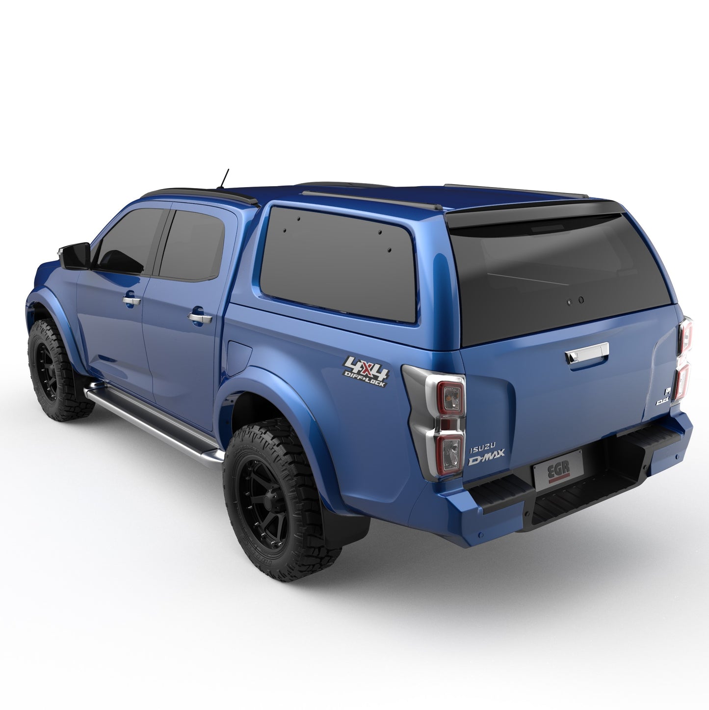 Rear view of blue Ford Ranger, displaying tailgate, taillights and tub accessibility