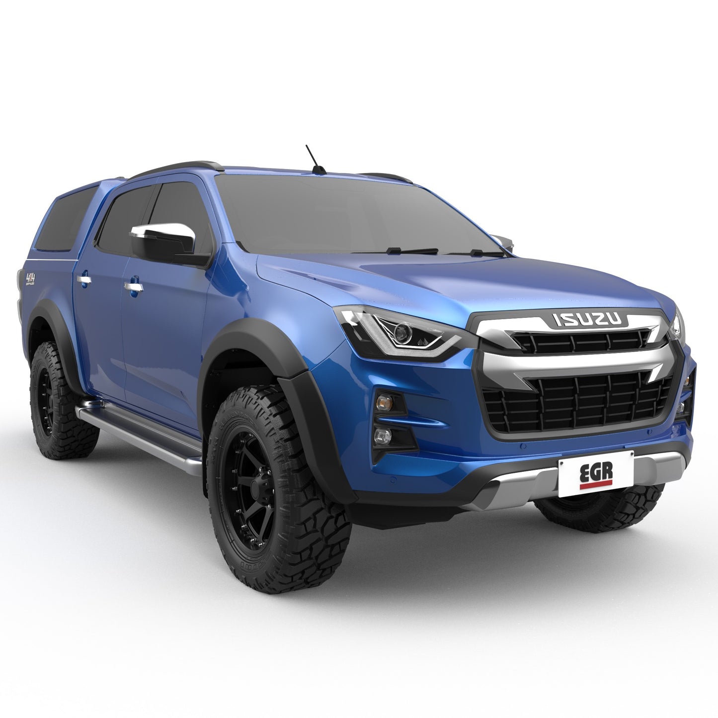 Front three-quarter view of blue Ford Ranger, displaying grille design and LED headlights