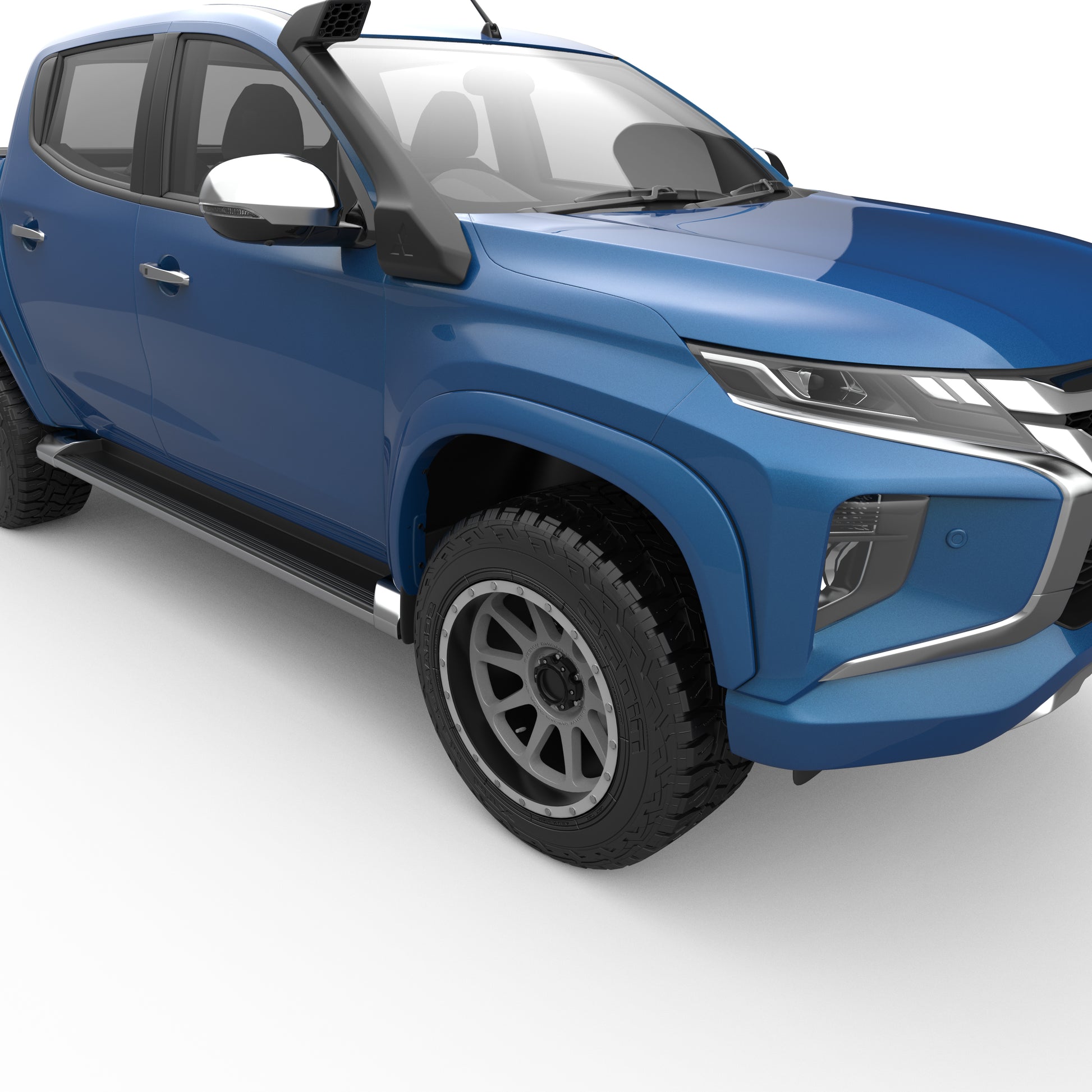 Mitsubishi Triton MR fitted with EGR Fender Flares, front-side view showcasing aggressive off-road stance and wider wheel coverage