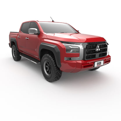 Rear view of Mitsubishi Triton MV 2024 with EGR fender flares installed, highlighting wide tyre coverage and protection