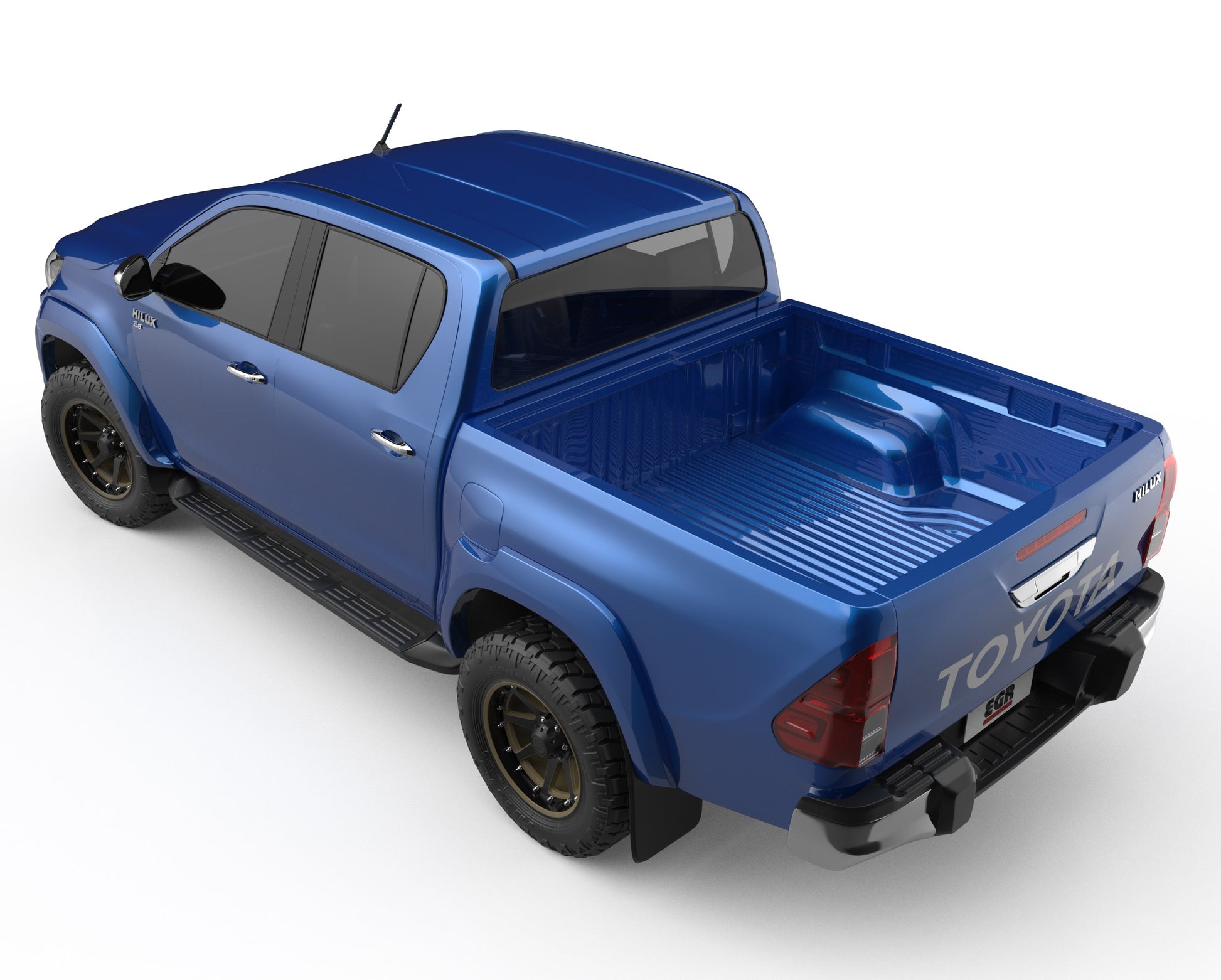 Rear three-quarter view of Toyota Hilux 2020 equipped with EGR Fender Flares, showing extended coverage over upgraded tyres