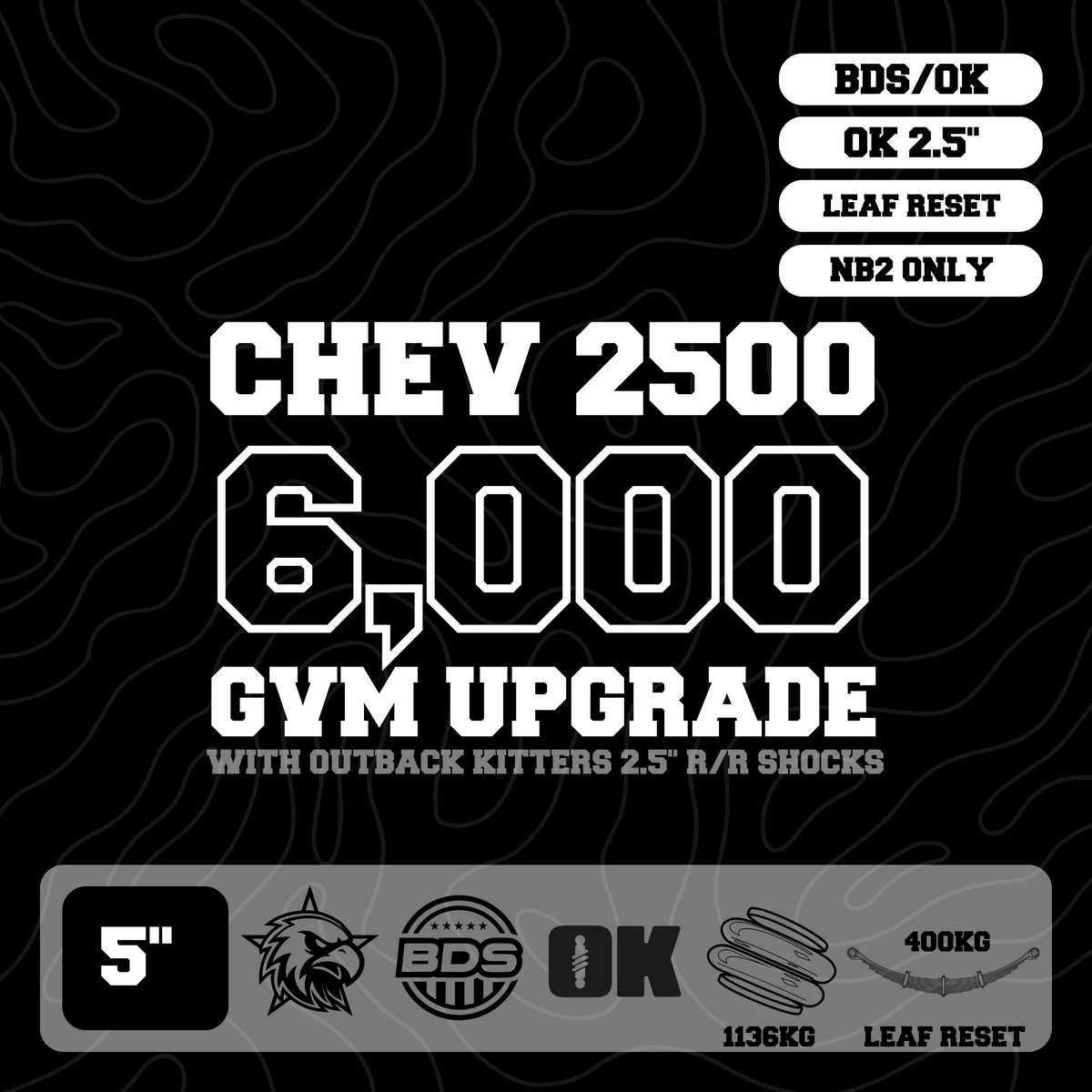 Silverado 2500 HD 6,000kg GVM Upgrade, 5" Lift with OK 2.5" Shocks, Airbags, Requires Leaf Reset