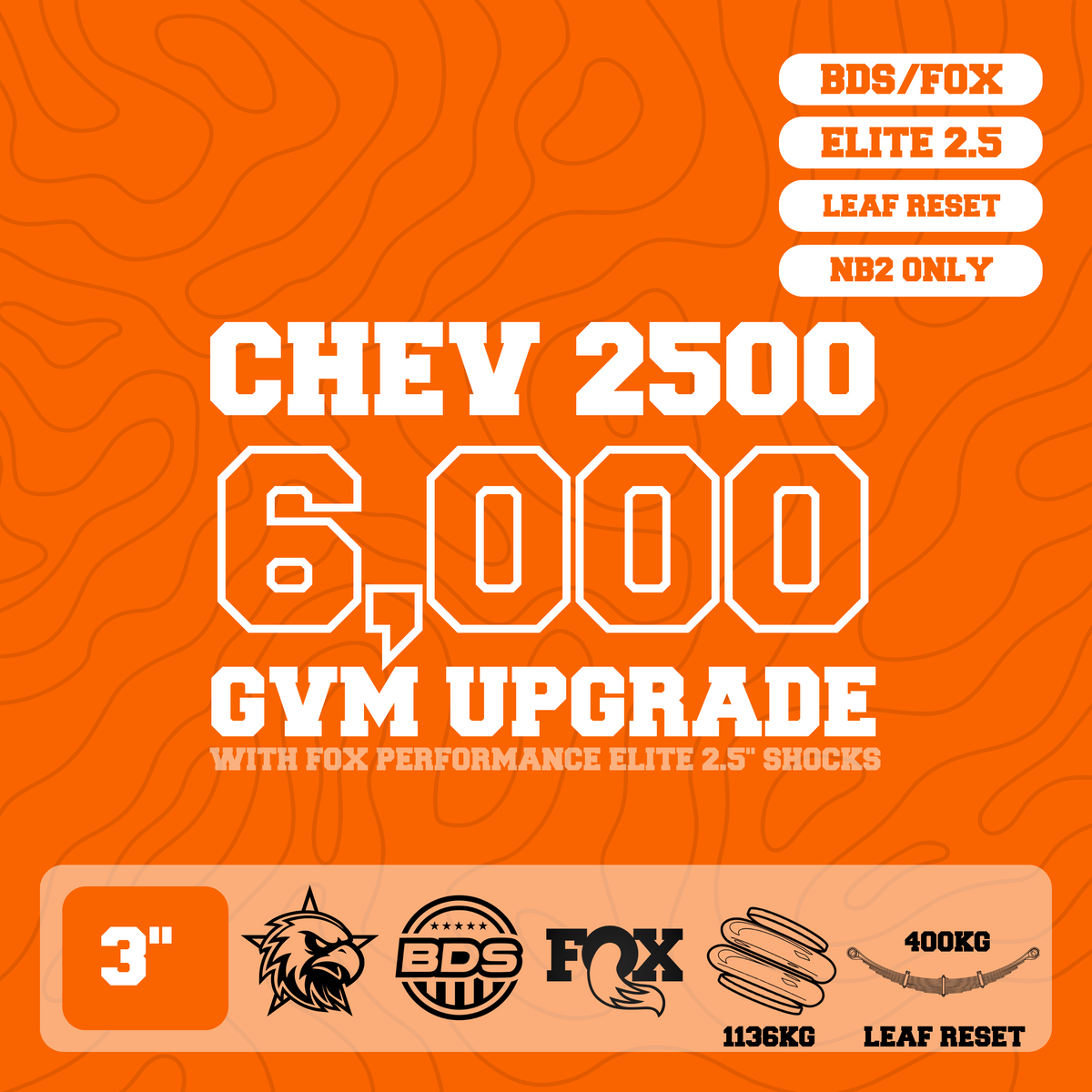 Silverado 2500 HD 6,000kg GVM Upgrade, 3" Lift, Fox 2.5" Shocks, Airbags, Requires Leaf Reset